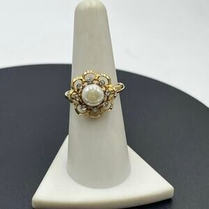 Sarah Coventry Vintage Faux Pearl Rhinestone Halo Gold Tone Ring Adjustable 7.25